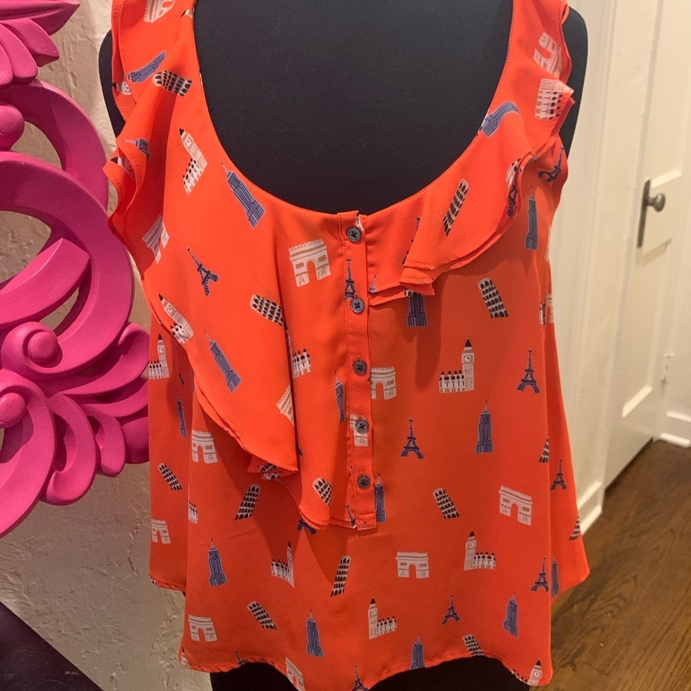 ANTHROPOLOGIE MAEVE Orange Print Top! Ruffles! Like new! 4P or Small